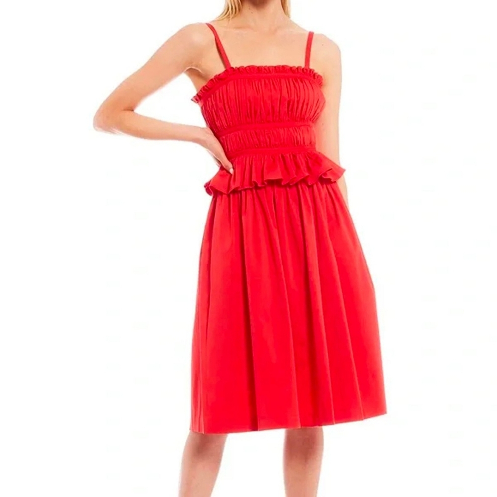 ANTONIO MELANI Red Smocked Ruffle Midi Dress
